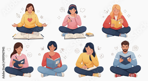 A group of people sitting cross-legged in a meditative and studious atmosphere with books and symbols around them