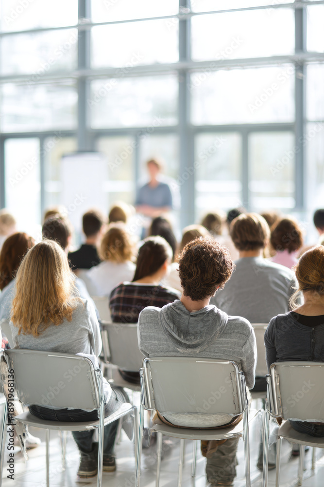 Fototapeta premium Education training class. Knowledge learning improvement study. A group of people seated in chairs in a room with large glass windows. The floor is visible at the bottom of the image.
