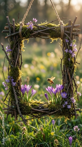 Rustic Twig Frame with Purple Flowers and Flying Bee