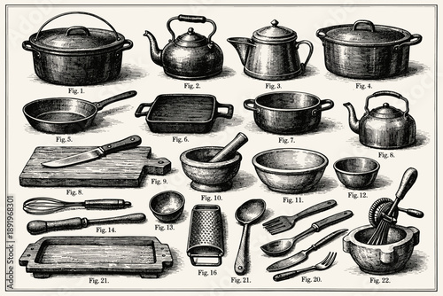 Vintage kitchen utensils engraving: pots, pans, teapots, and tools collection