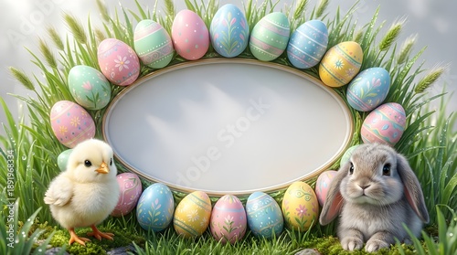 Easter Greeting Frame with Bunny Chick and Eggs