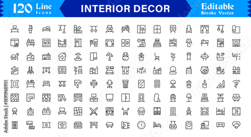 Professional Interior Decor Line Icon Set with Modern Minimal Design, Editable Pixel Perfect Vector Collection Featuring Home Styling and Decoration Elements