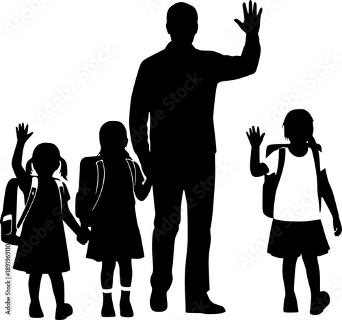 Black silhouette family walking with school children backpacks showing parents waving and kids returning home isolated on white background illustration