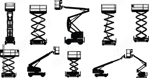 Scissor lift and boom lift silhouette collection, aerial work platform illustrations, construction equipment icons, industrial lifting machines for safety and maintenance projects