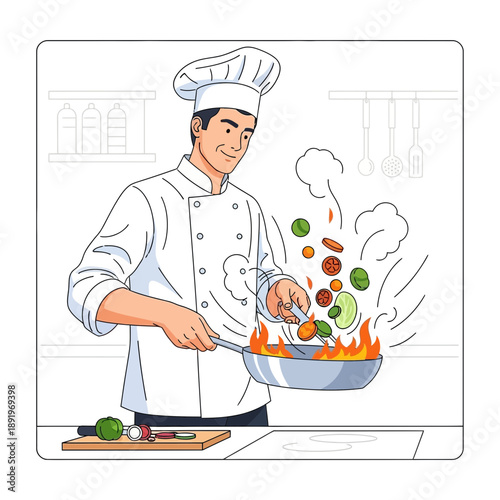 Chef cooking vegetables in a wok with flames