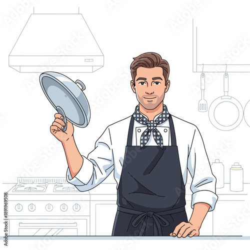 Chef presenting dish with cloche in kitchen