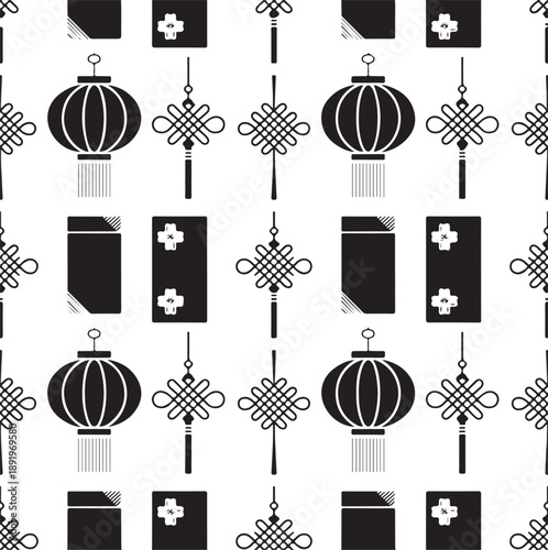 Seamless pattern with traditional chinese lanterns red envelopes and lucky knots symbols isolated on checkered background
