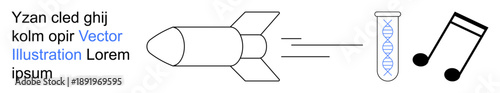 Space exploration, genetics research, scientific innovation, sound waves, creativity, digital learning. A rocket, DNA test tube and music notes placed with text. Space exploration and genetics