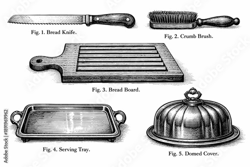 Vintage kitchen tools with bread knife, crumb brush, board, serving tray, and domed cover