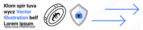 Cryptocurrency, cybersecurity, digital payments, secure transactions, fintech, online safety. Coin, shield lock blue arrows. Cryptocurrency and cybersecurity secure financial technology