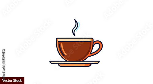 Hot steaming coffee cup with handle on saucer, isolated white background.