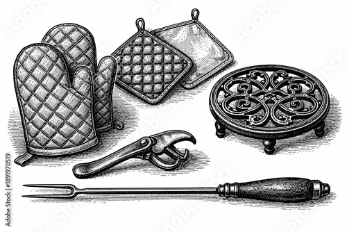 Vintage kitchen utensils: oven mitts, trivets, pliers, and carving fork in black and white etching