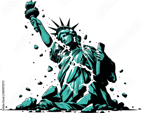 Statue of Liberty crumbling into pieces, symbolic collapse