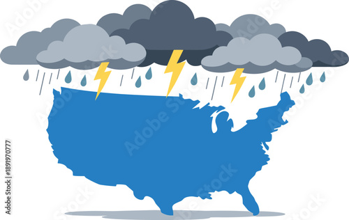 Stormy weather over United States map, lightning and rain clouds