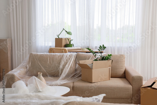 Grey sofa with film and box...