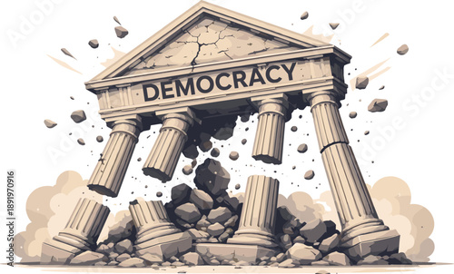 Collapsing classical building representing the fall of democracy