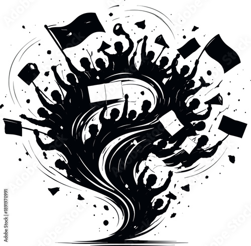 Crowd of protesters with flags and megaphones in a dynamic composition