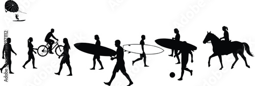 Silhouette people doing outdoor activities including surfing, walking, cycling, running, hula hooping, parasailing, and horseback riding, active lifestyle illustration set artwork