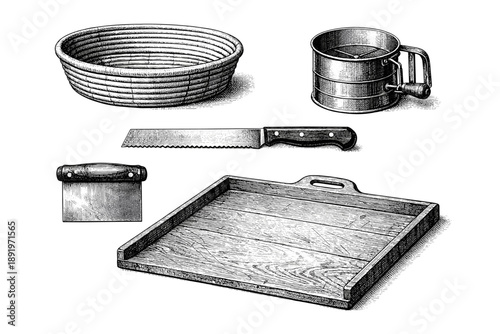 Vintage bread-making tools set with bowl, sifter, knife, scraper, and tray