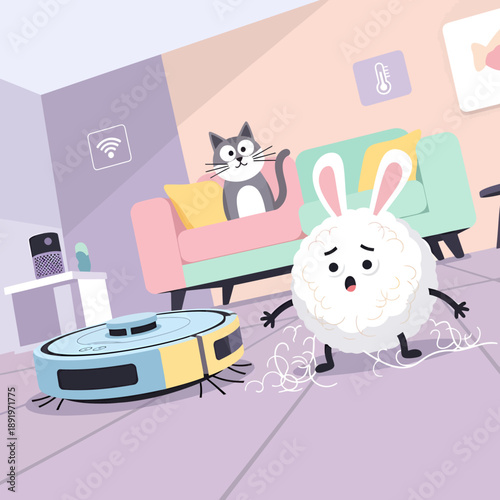Playful cartoon scene of a blue-yellow robot vacuum, a waving cat, and an unraveling yarn bunny in a cozy living room setting
