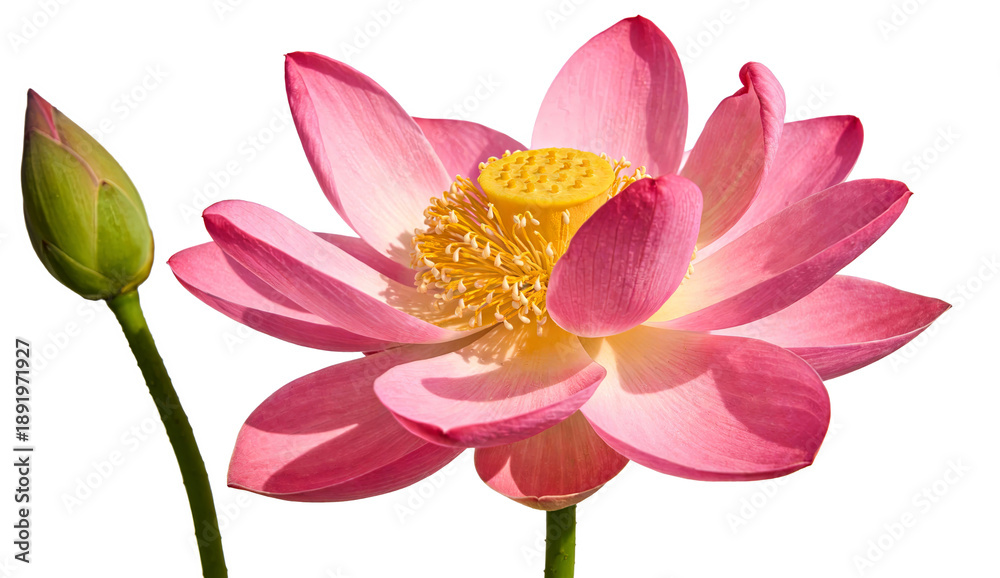 Obraz premium Beautiful Pink Lotus Flower with Bud on White Background