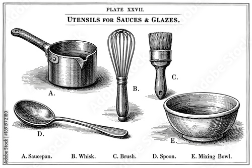 Vintage kitchen utensils for sauces and glazes - saucepan, whisk, brush, spoon, mixing bowl