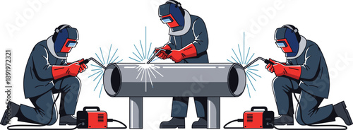 Team of welders working on metal pipe, industrial welding illustration with protective gear, manufacturing process and construction engineering scene for industry design