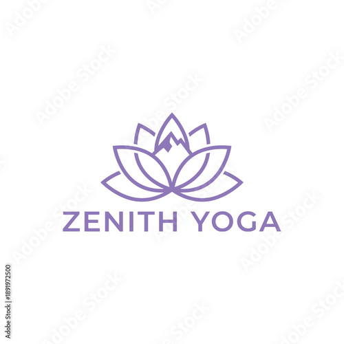 Purple lotus flower line art with mountain peak icon for meditation center, spiritual retreat or wellness branding named Zenith Yoga