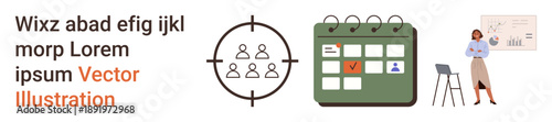 Business strategy, target audience, project planning, data analysis, team management, task scheduling. Group of people in a target, calendar with checkmarks woman with a presentation chart. Business