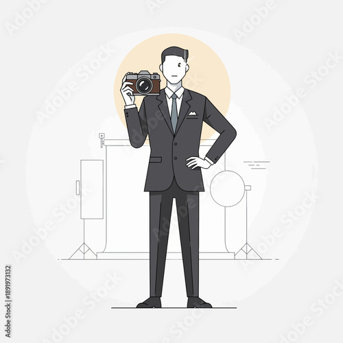 Man in Suit Holding Camera in Studio
