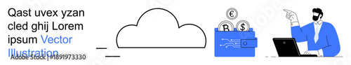 Cloud storage, fintech, digital security, online earnings, data transfer, remote work. A cloud icon, a wallet with money and a business professional at a laptop. Cloud storage and fintech concept