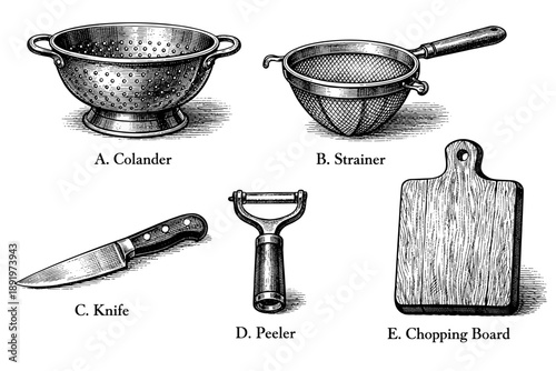 Vintage kitchen tools etching: colander, strainer, knife, peeler, chopping board