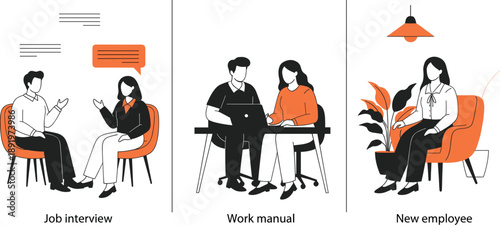 Job interview work meeting and new employee onboarding scenes modern business office illustration collection