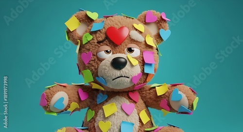 A weary brown teddy bear covered in colorful heart and square sticky notes against a teal background.