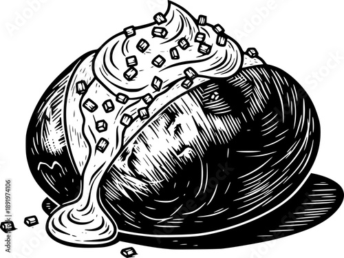 Chives Topped Baked Potato With Sour Cream in Minimalist Woodcut Drawing Style
