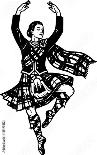 Elegant Highland Dancer in Motion with Traditional Woodcut Style Illustration
