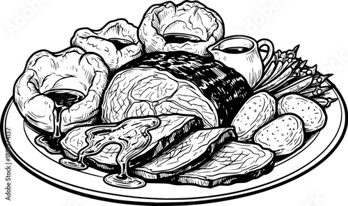 Sumi-e Inspired Roast Beef Dinner with Yorkshire Pudding Illustr
