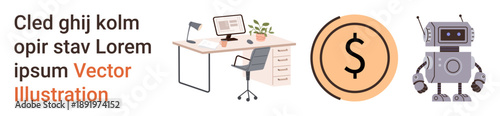 Technology, finance, automation, digital tools, workplace design, innovation. Desk setup with computer and plant, dollar symbol robot character. Technology and finance in modern contexts