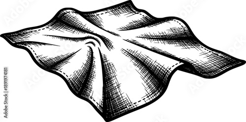 Monochrome drawing of a cloth with detailed crosshatching and in

