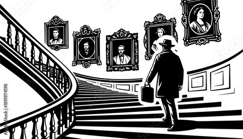 Monochrome ascent a stairway lined with antique portraits and gh
