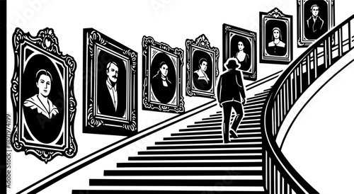 Monochrome ascent a stairway lined with antique portraits and gh
