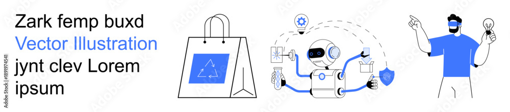 Fototapeta premium Artificial intelligence, robotics, innovation, sustainability, e-commerce, eco-friendly practices. Robot interacting with icons, recycling shopping bag man with idea bulb. Artificial intelligence