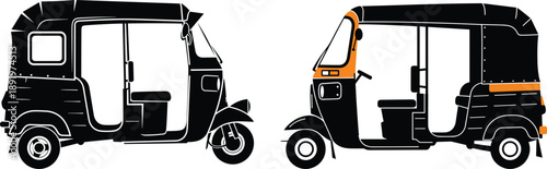 Auto rickshaw tuk-tuk side view illustration of traditional three-wheel taxi vehicle transportation silhouette for Asia urban street travel design