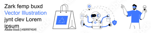 Artificial intelligence, robotics, innovation, sustainability, e-commerce, eco-friendly practices. Robot interacting with icons, recycling shopping bag man with idea bulb. Artificial intelligence