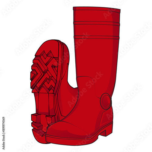 Bright red wellington rubber boots isolated on white background. Trendy waterproof footwear for women fashion or kids. Autumn and winter rainy season shoes with tread sole.