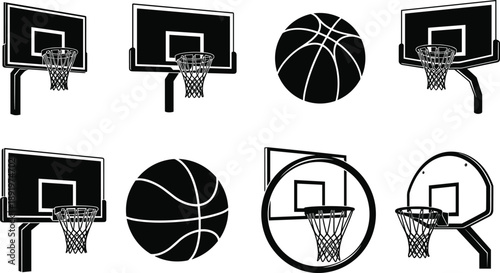 Basketball hoops and ball icons set, sports equipment illustration, backboard designs, athletic game symbols, detailed basketball net and hoop artwork collection