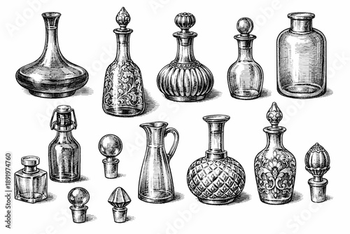 Vintage glass bottles collection: detailed antique decanters and containers