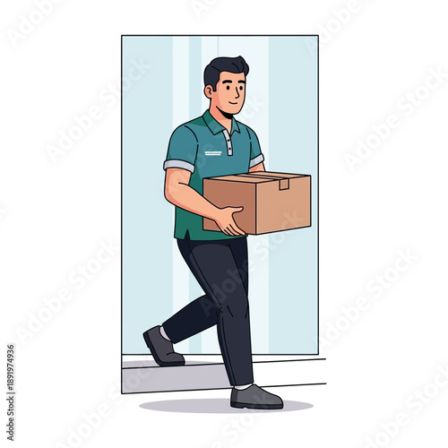 Delivery man carrying a package, entering a building