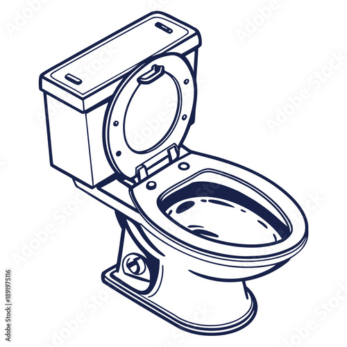 A white porcelain toilet with the lid and seat up is depicted in a clean line drawing.