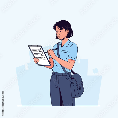 Woman filling out checklist on clipboard, survey, urban background